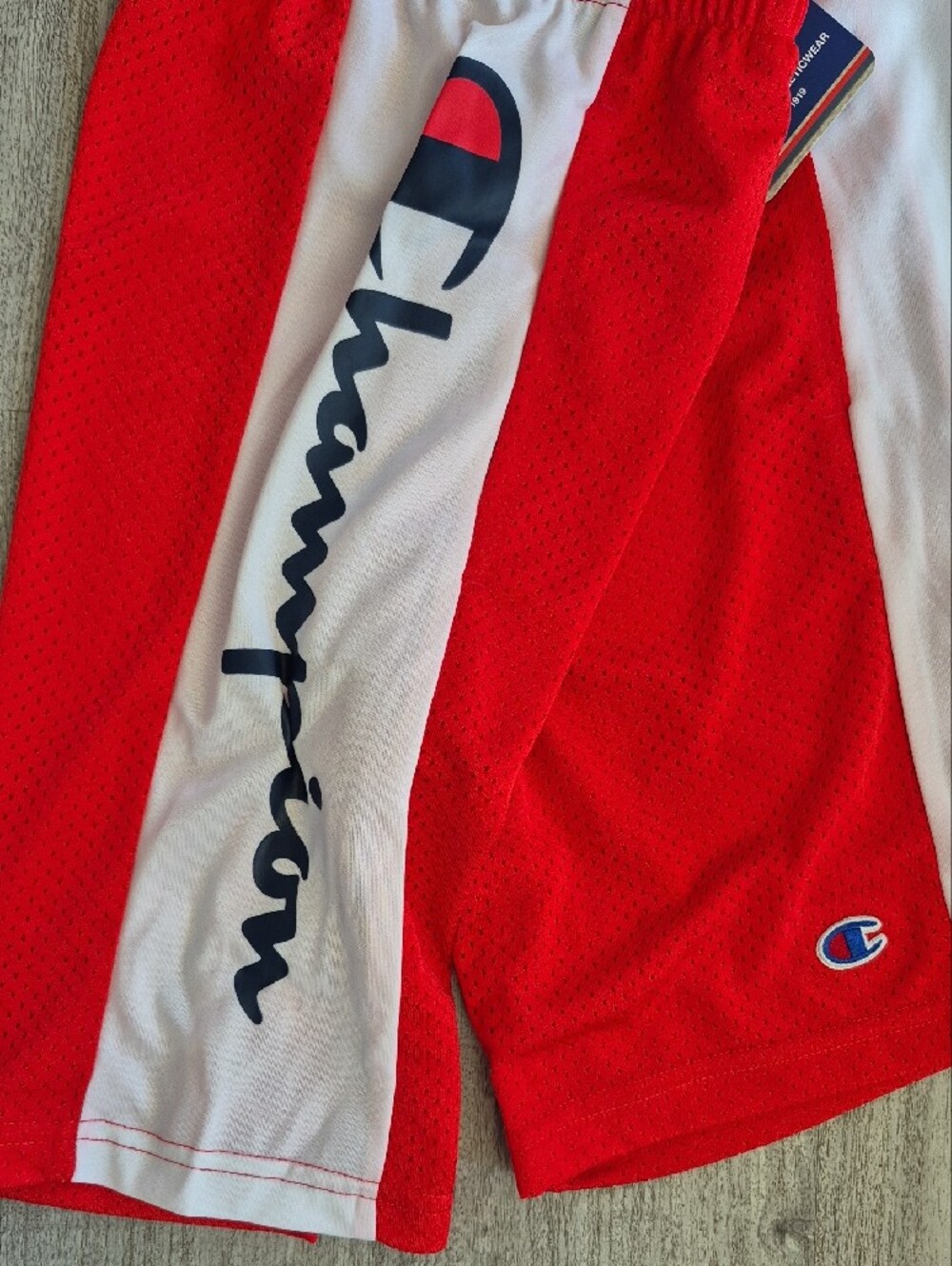 Champion Red Athletic Mesh Shorts with White Side Panels - Picture 3 of 6